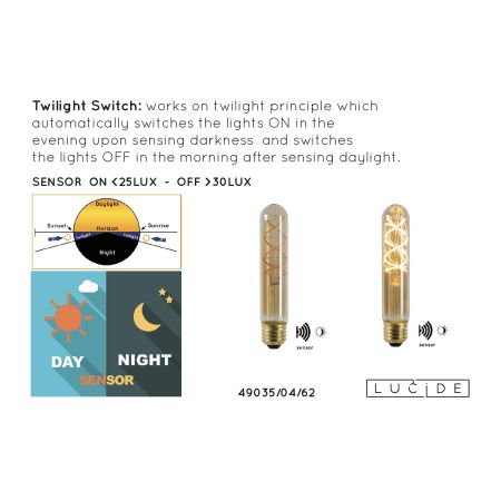 Lucide T32 TWILIGHT SENSOR - Ampoule filament Intérieur/Extérieur - Ø 3 cm - LED - E27 - 1x4W 2200K - Détecteur Jour/Nuit - Ambr