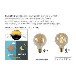Lucide G95 TWILIGHT SENSOR - Ampoule filament Intérieur/Extérieur - Ø 9,5 cm - LED - E27 - 1x4W 2200K - Détecteur Jour/Nuit - Am