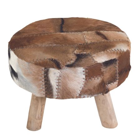 Pouf rond en peau de chèvre patchwork Noldor 